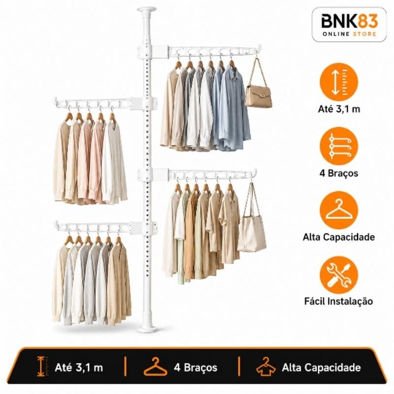 Ordiné™ Cabideiro Vertical 4 Braços Ajustável Até 3,1m Organizador de Roupas Branco