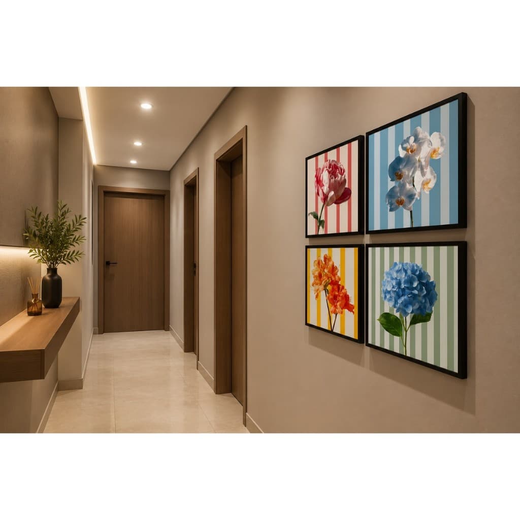 Kit 4 Quadros Decorativos Flores Rosas Orquídeas Com Listras Moderno Estiloso Sala Quarto
