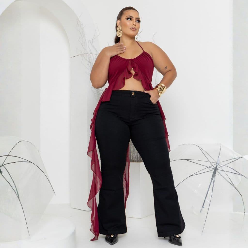 Calça Flare Jeans Feminina Plus Size Cintura Alta Com Lycra Moda Feminina