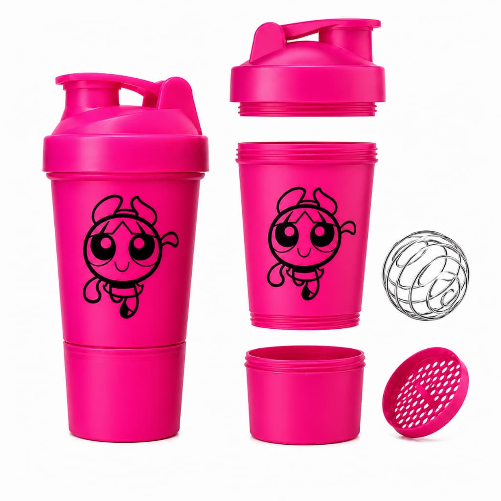 Coqueteleira Shakequeira 500ml com 2 compartimentos das Meninas Super Poderosas mais esfera misturadora e peneira