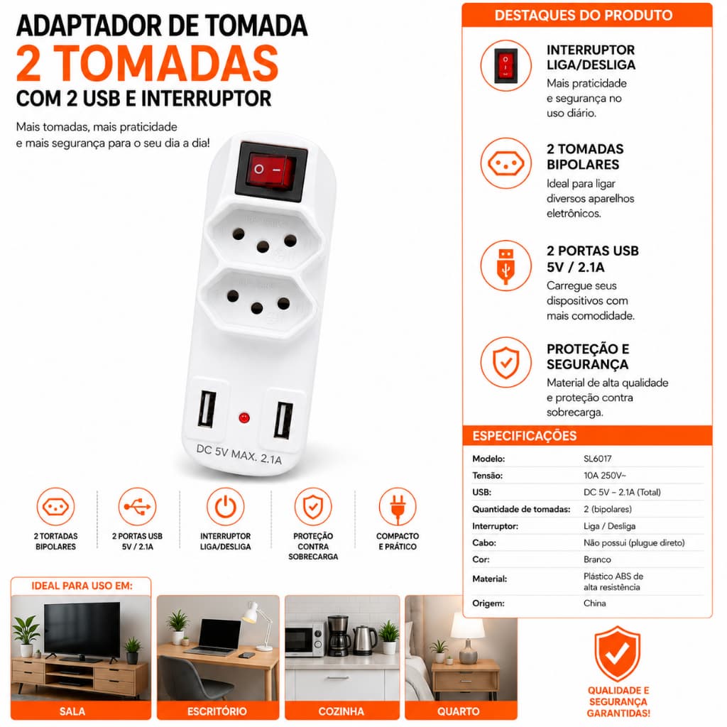 Adaptador de Tomada 2 Tomadas + 2 Portas USB 5V 2.1A com Interruptor Liga/Desliga 10A Bivolt