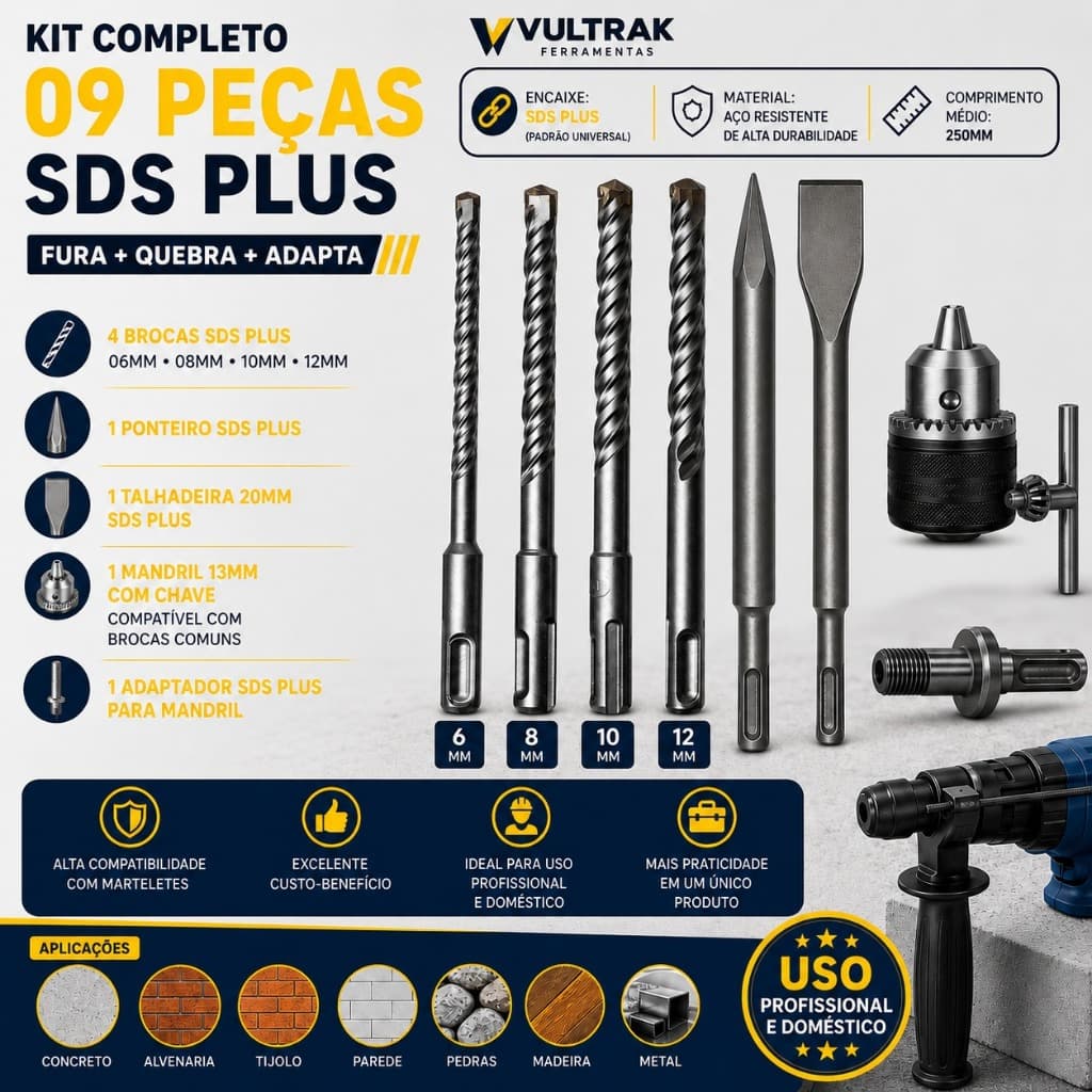 Kit SDS Plus Completo Martelete Brocas Ponteiro Talhadeira Mandril Adaptador Concreto Profissional