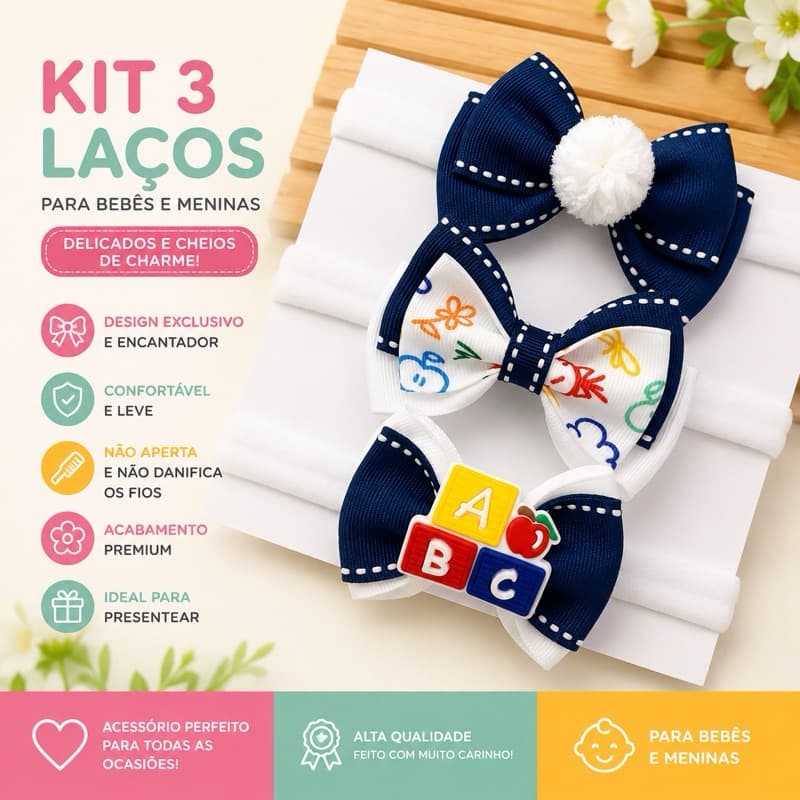 Kit Laços Escolares Infantil Completo Laço Grande ABC Pom Pom para Menina Escola Faixinha para Bebê Menina Creche