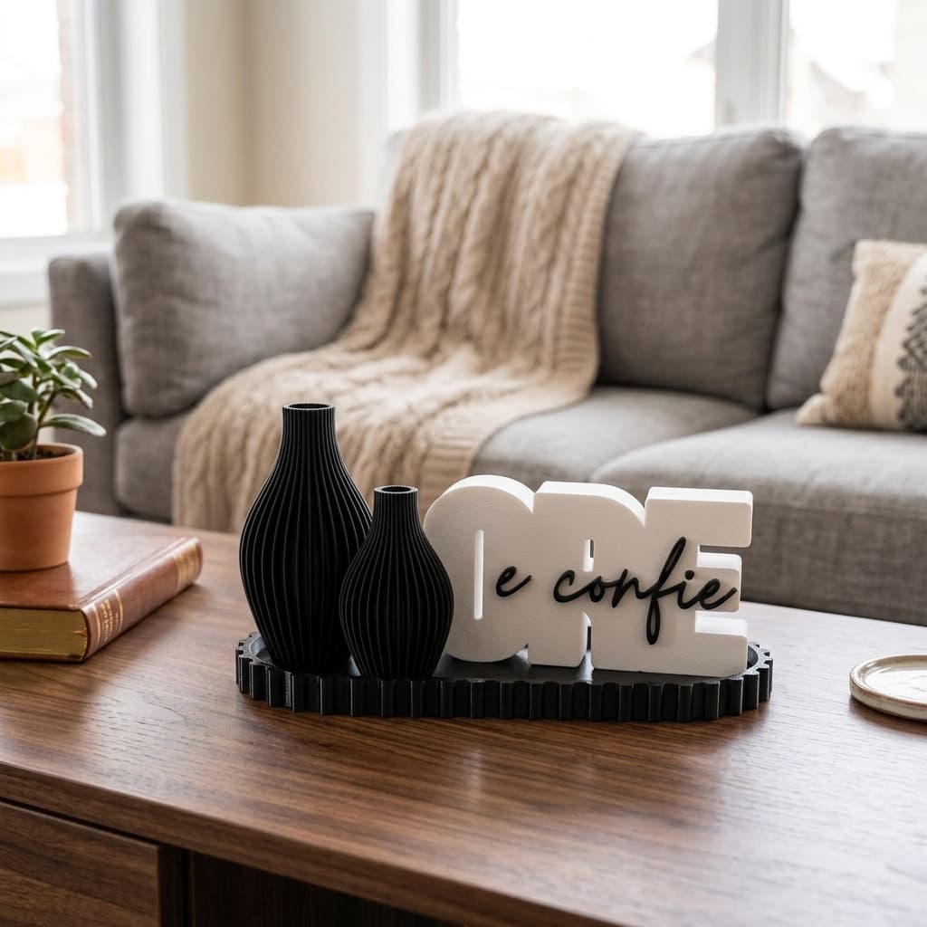 Letreiro Ore e Confie Kit Decoração Sala Quarto Bandeja Com 2 Vasos