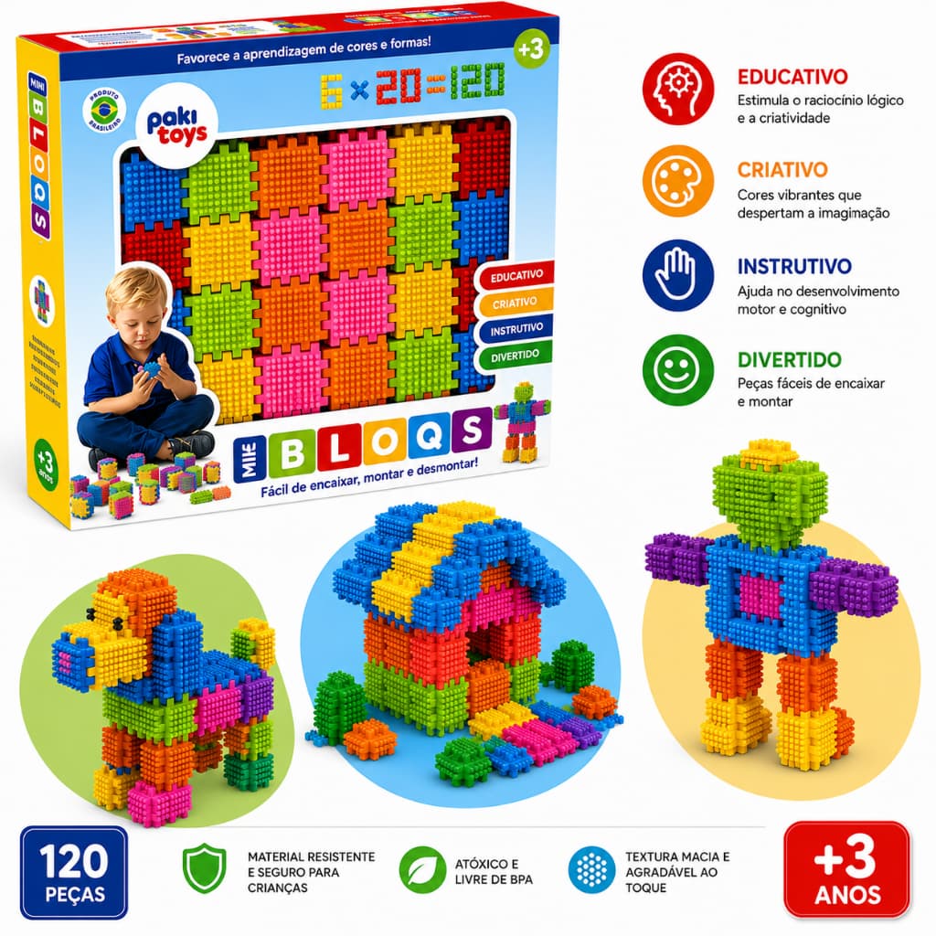 Blocos Montar  Mini Bloqs 120 Peças Brinquedo Educativo Infantil Pakitoys