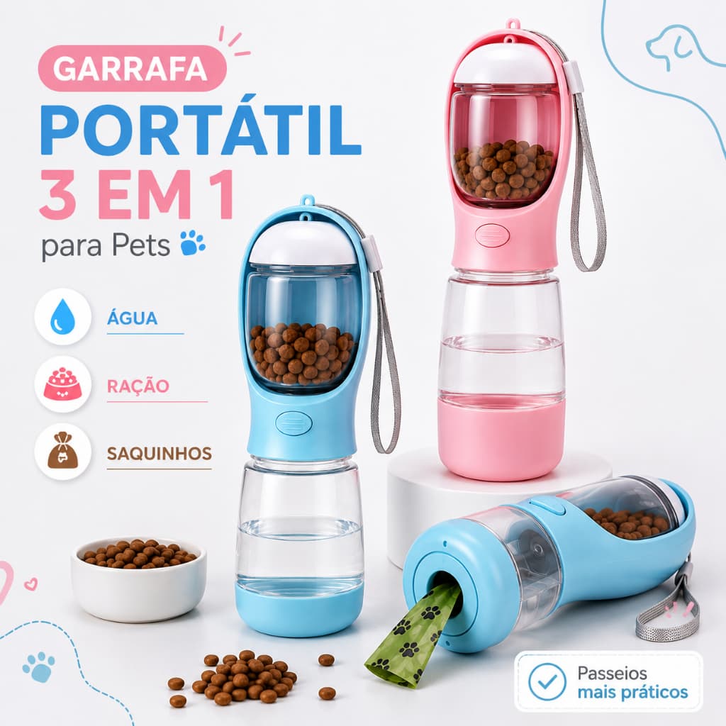 Garrafa 3 em 1 de Passeio para Cães com Bebedouro, Comedouro e Porta Saquinhos Multifuncional Portátil