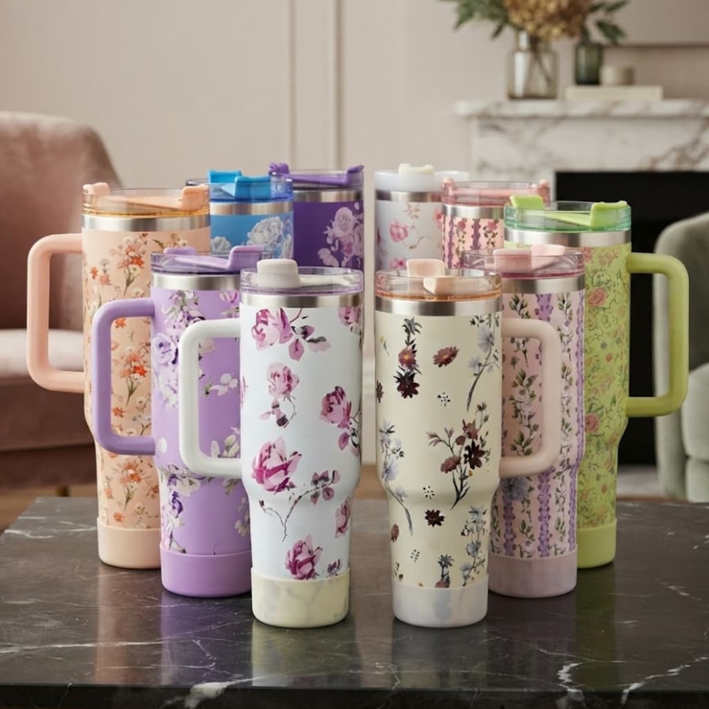 Garrafa Copo Termico 1200ml Floral Aço Inox Caneca Com Tampa e Canudo