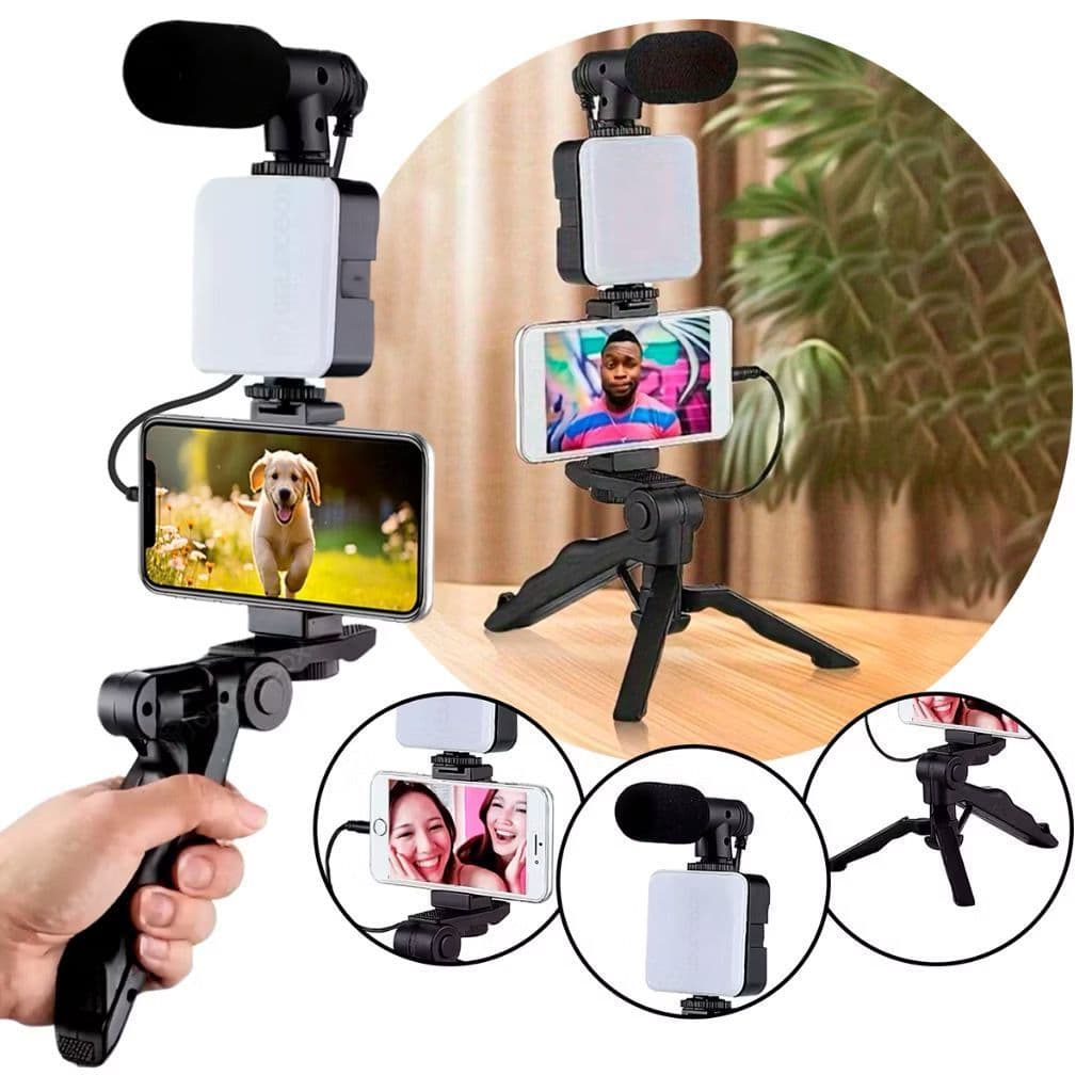 Tripé Estabilizador Para Celular Com Microfone Iluminação Live Vlog Gravação De Videos kit 5 em 1 gimbal