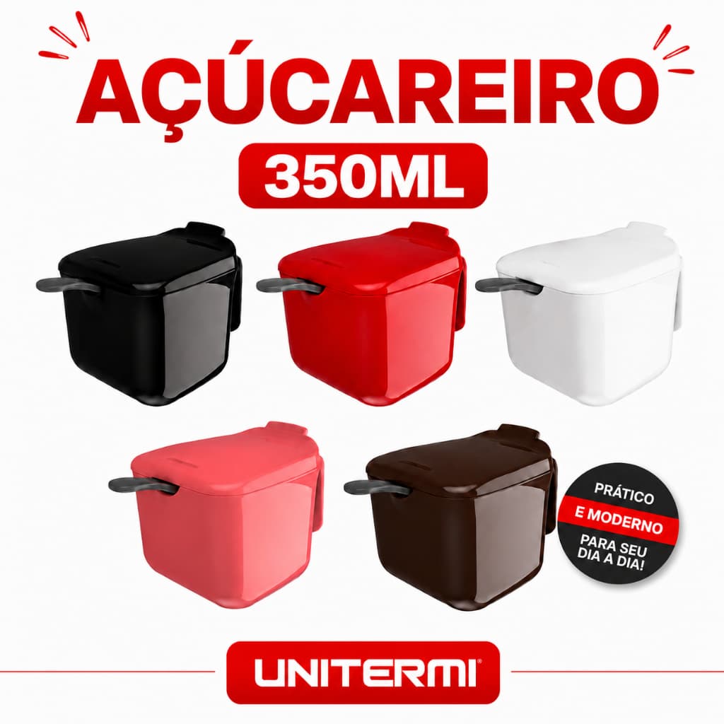 Açúcareiro de Plástico Unitermi 350ml  Porta Açúcareiro Hermético com Colher Elegante e Moderno
