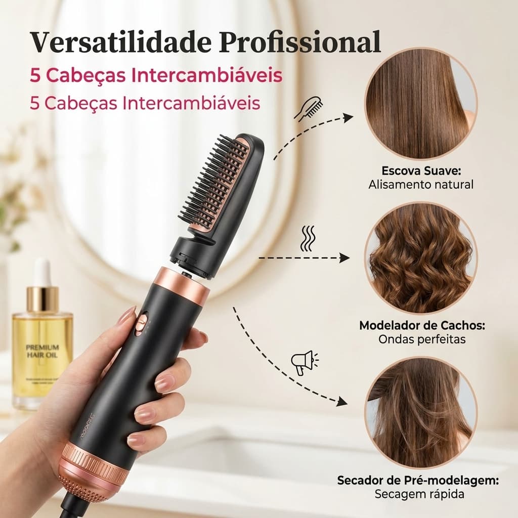 Nova Geração Escova Secadora de Cabelo 5 em 1 SOMENTE 220V com Escovas Modeladoras Ar Frio Íons Negativos 1000W