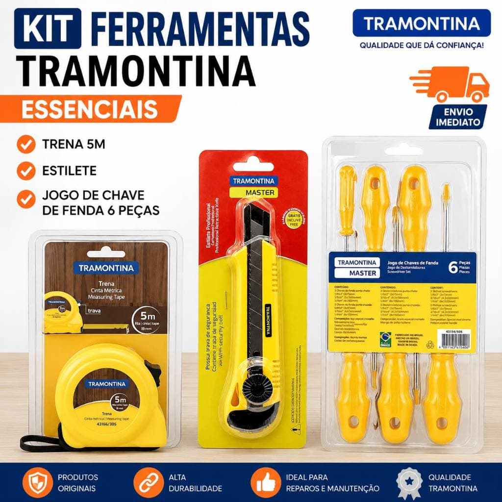 Kit Ferramentas Tramontina Trena 5m + Estilete + Jogo Chave de Fenda 6 Peças Original