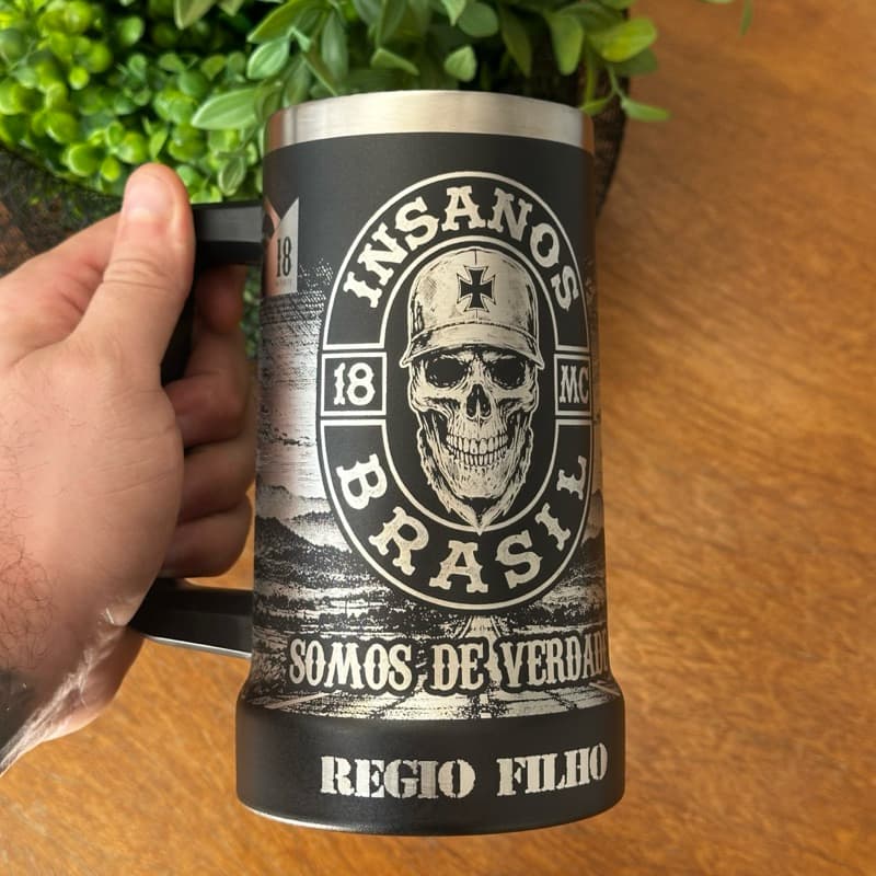 Caneca de Chopp 710 ml Gravação 360º em Aço Inox Térmica – Gravação a Laser Exclusiva, moto club Insanos