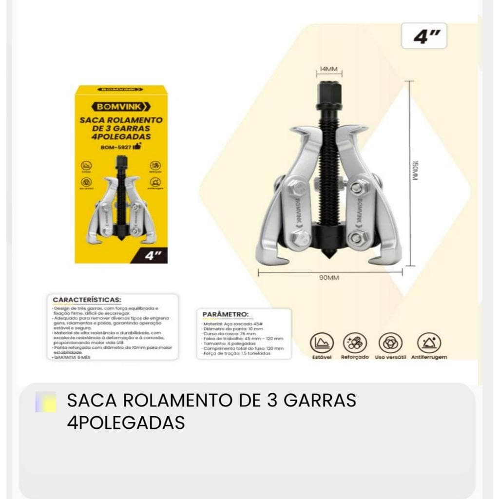 Saca Rolamento de 3 Garras 4 Polegadas Aço Resistente para Reparo Mecânico Automotivo