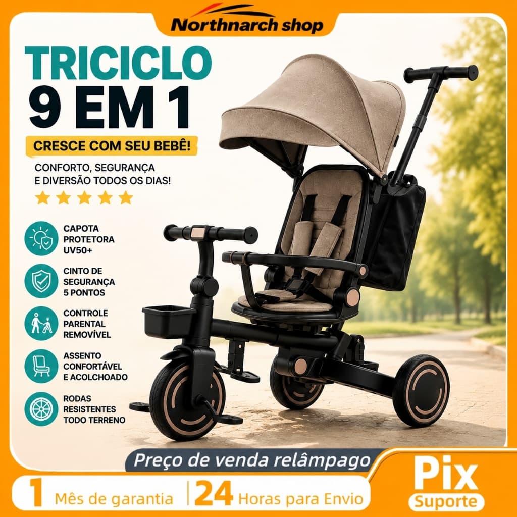 Triciclo 9 em 1 para criança, transforma-se em bicicleta de equilíbrio multifuncional, com empurrador e proteção solar