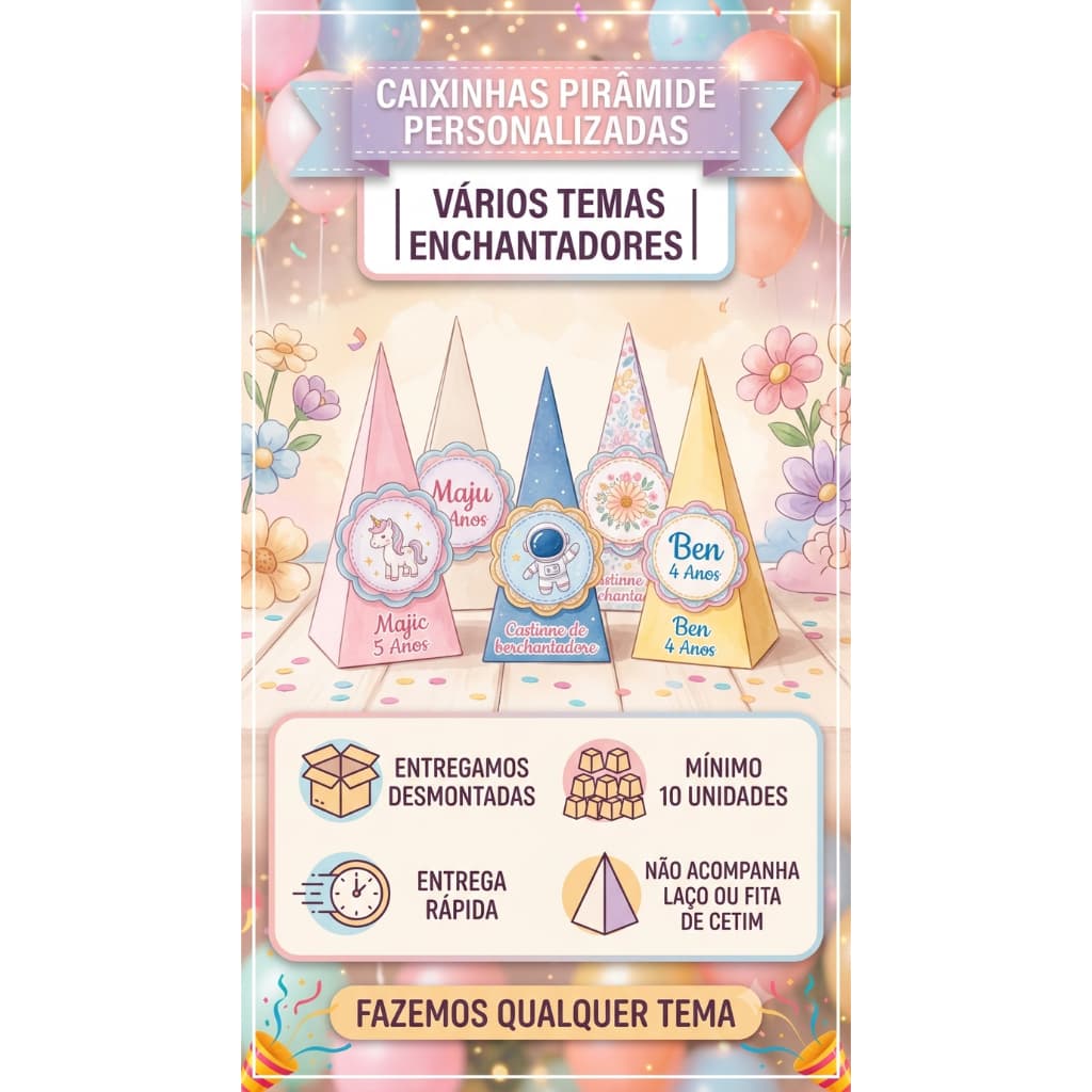 10 caixas pirâmide personalizadas - qualquer tema