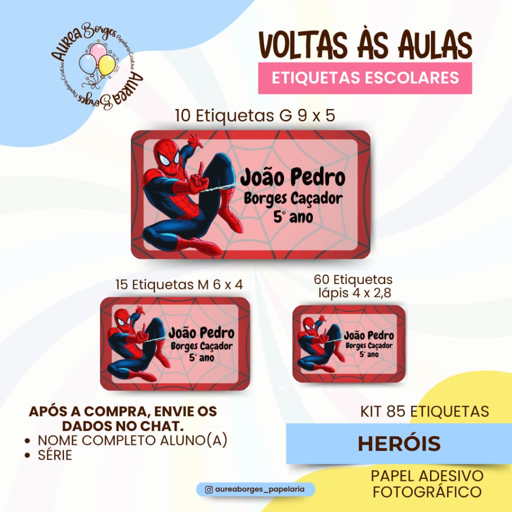 Kit 85 Etiquetas Escolares Personalizadas Herois Adesivos Fotográfico Volta às Aulas Vigadores