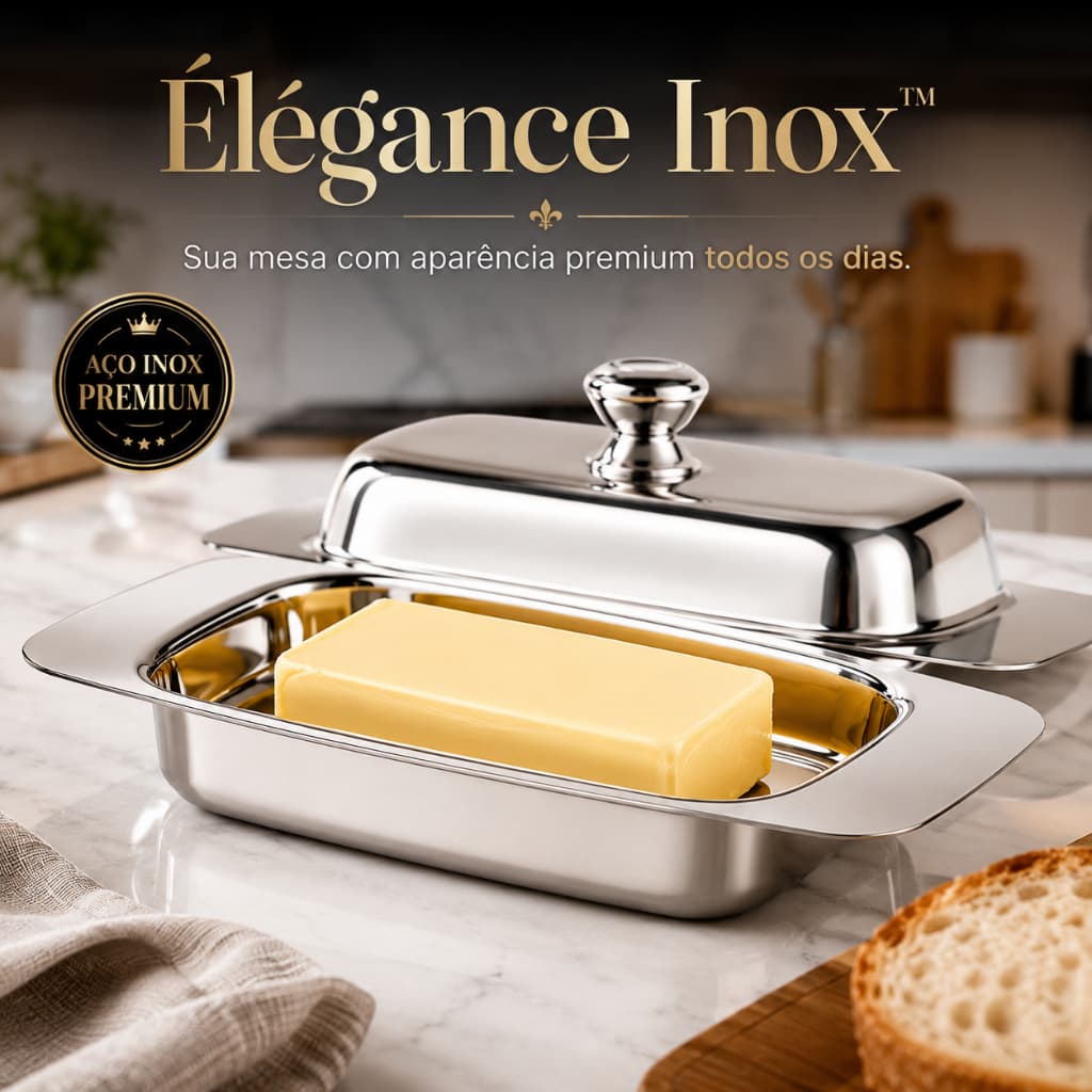 Manteigueira em Aço Inox com Tampa Elegance Inox™ Conservacao Frescor Protecao Manteiga Laticinios