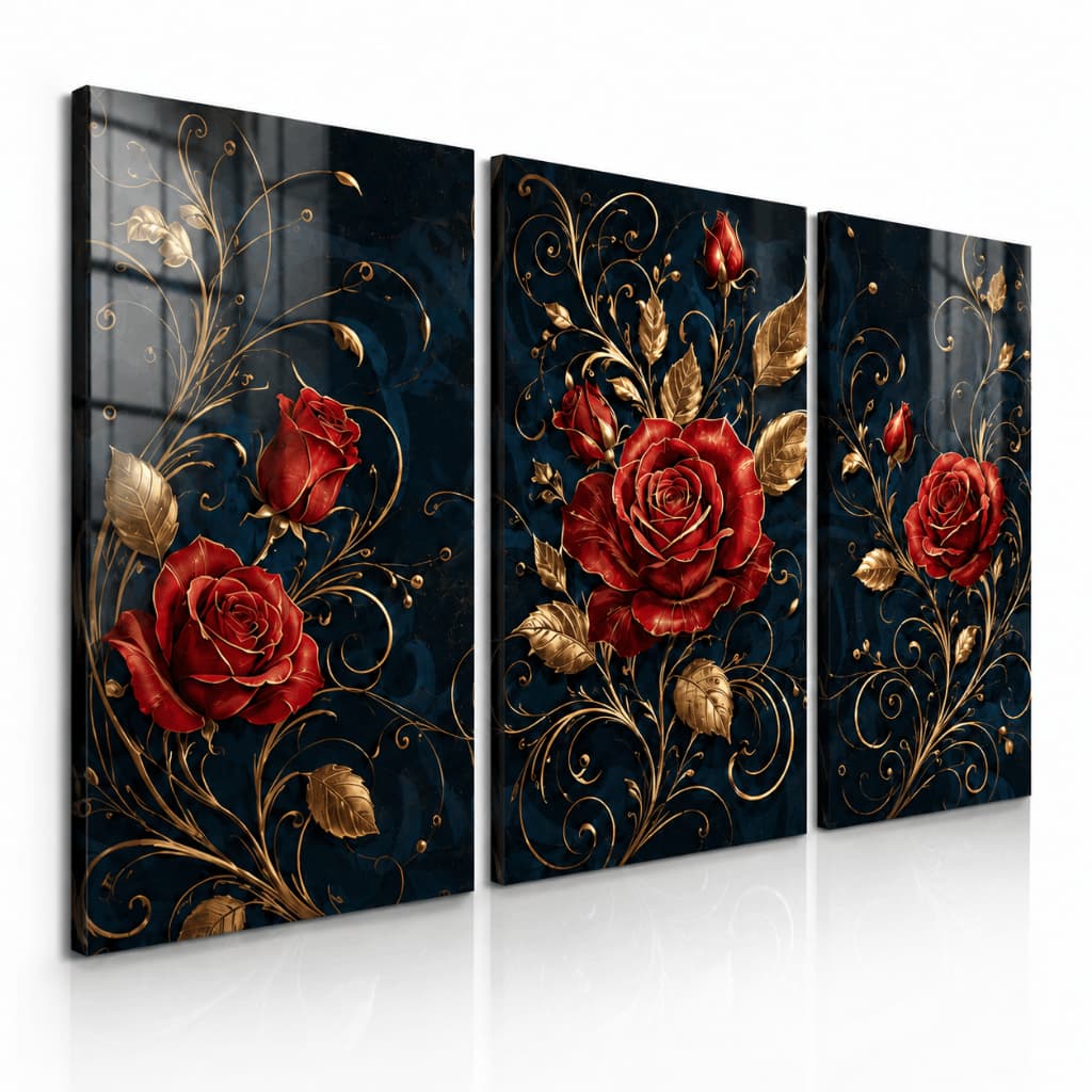 Kit 3 Quadros Decorativos Rosas Vermelhas Douradas Fundo Azul para Sala e Quarto