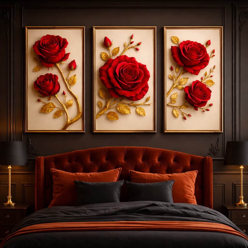 Kit 3 Quadros Decorativos Rosas Vermelhas com Folhas Douradas para Quarto e Sala Luxuosa