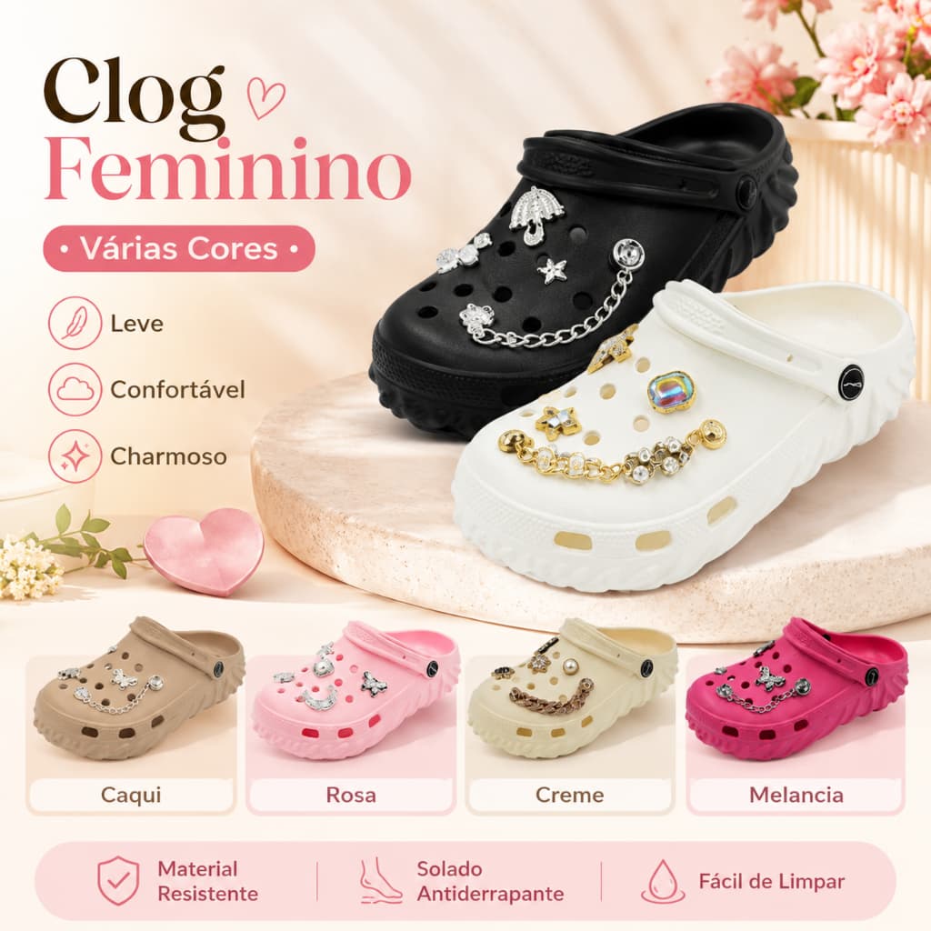 Sandália Clog Feminina S53 Confortável Leve Respirável Antiderrapante com Pingentes Decorativos