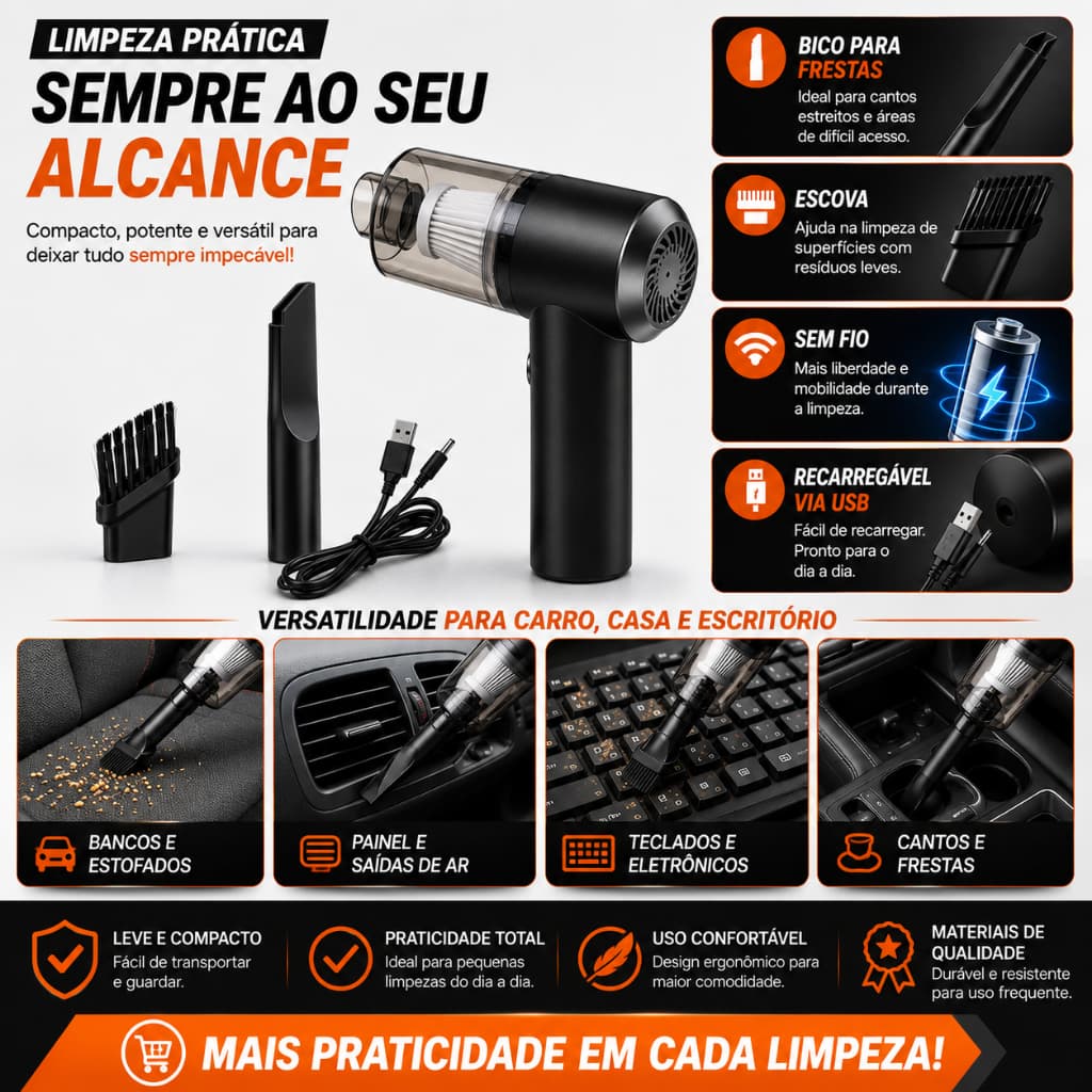 Mini Aspirador de Pó Automotivo Portátil Sem Fio Recarregável USB para Carro e Frestas