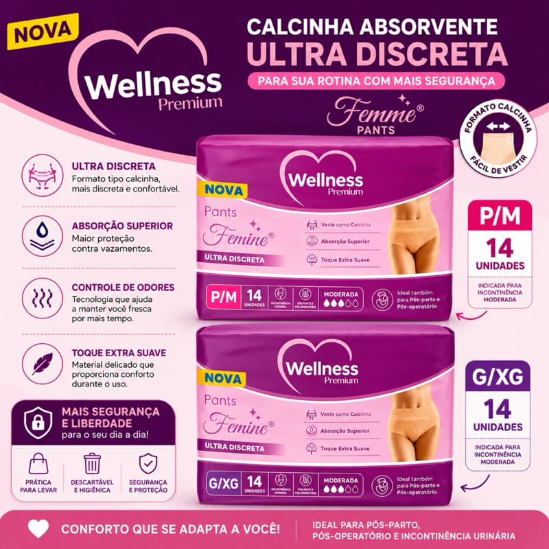 Calcinha Absorvente Wellness Pants Femme Ultra Discreta Feminina P/M e G/XG
