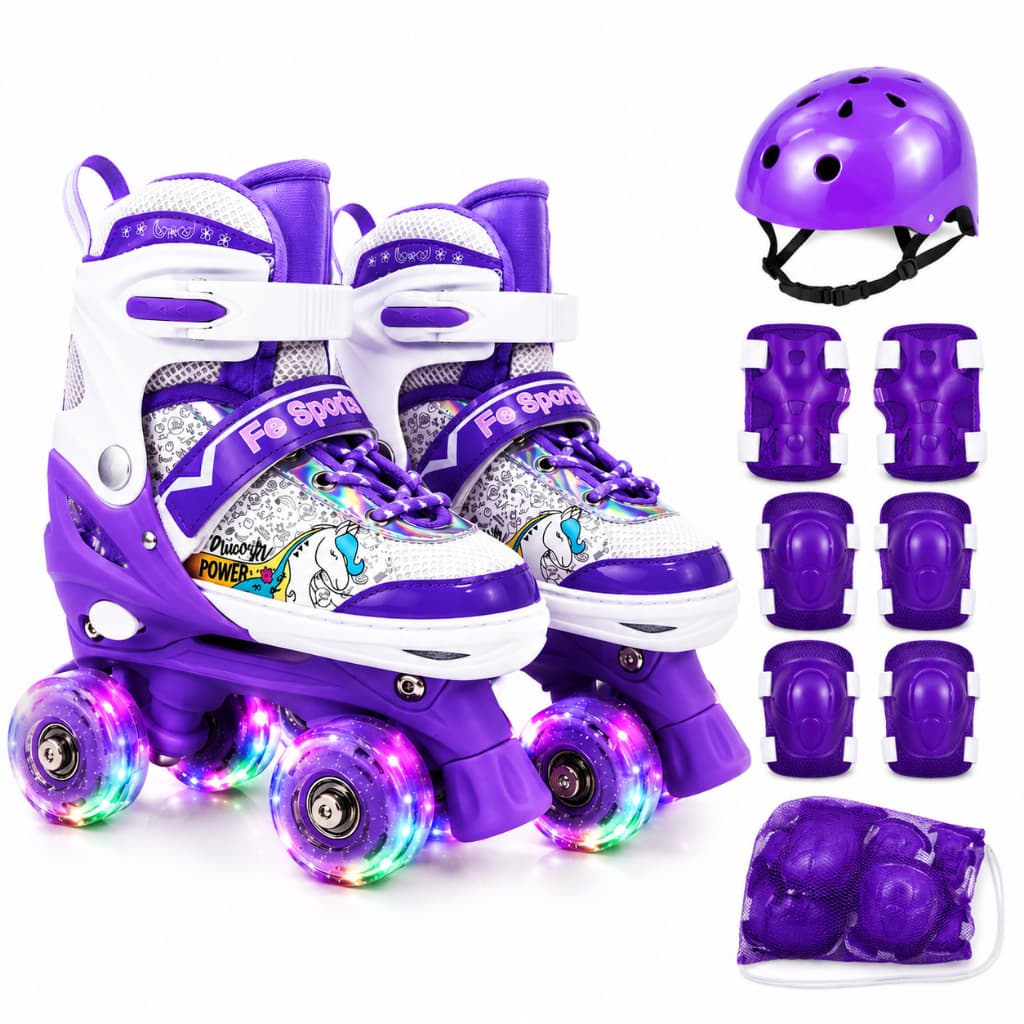 Patins Infantil Unicórnio Premiun Roxo 4 Rodas Ajustável luz de LED Com ou Sem Kit de Segurança