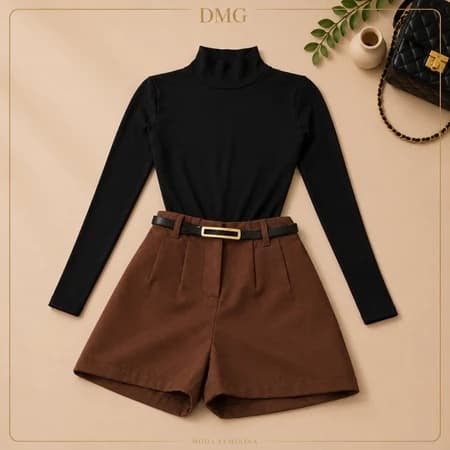 Conjunto Body Manga Longa Gola Alta + Short Alfaiataria com Cinto Cintura Alta Look Casual