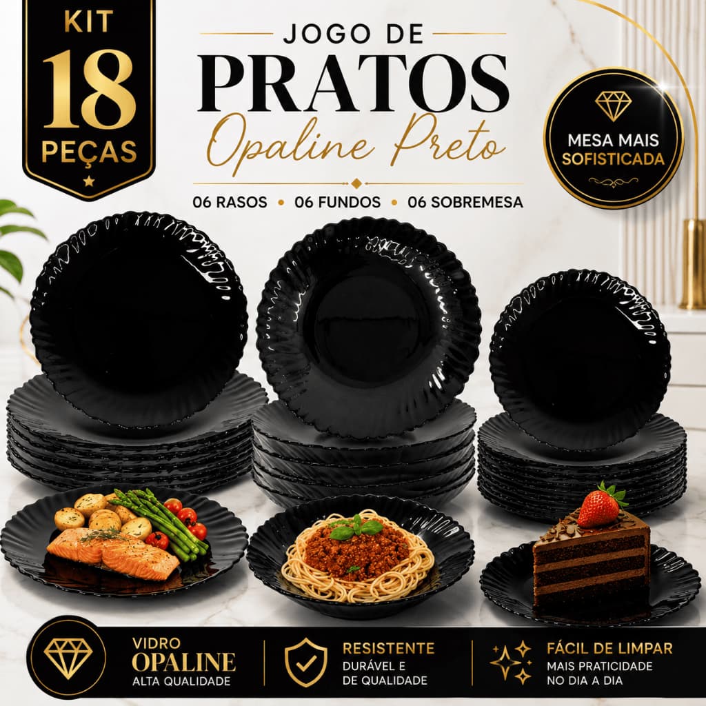Aparelho de Jantar 18 Peças Opaline Preto Canelado 6 Pratos Rasos, 6 Fundos, 6 Sobremesa
