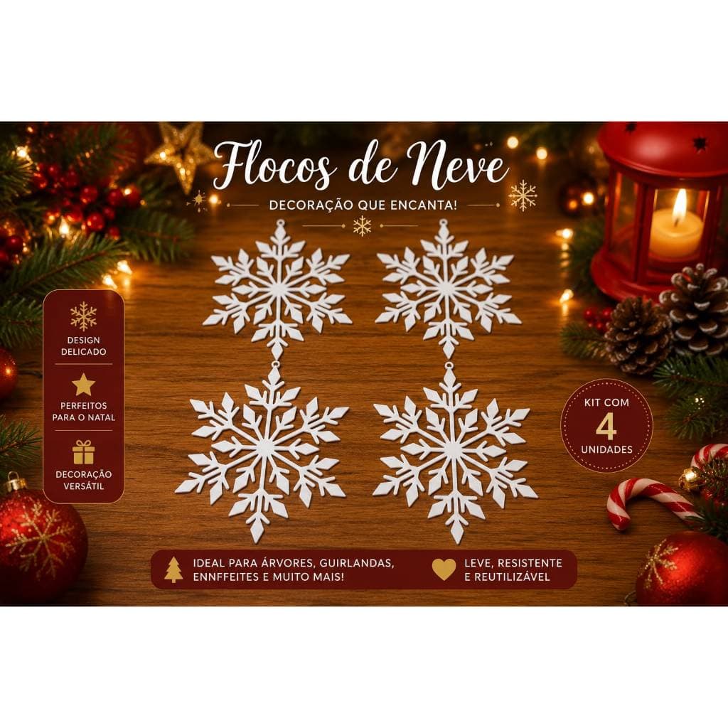 Kit com 4 Flocos de Neve Natalinos – Enfeites para Árvore de Natal
