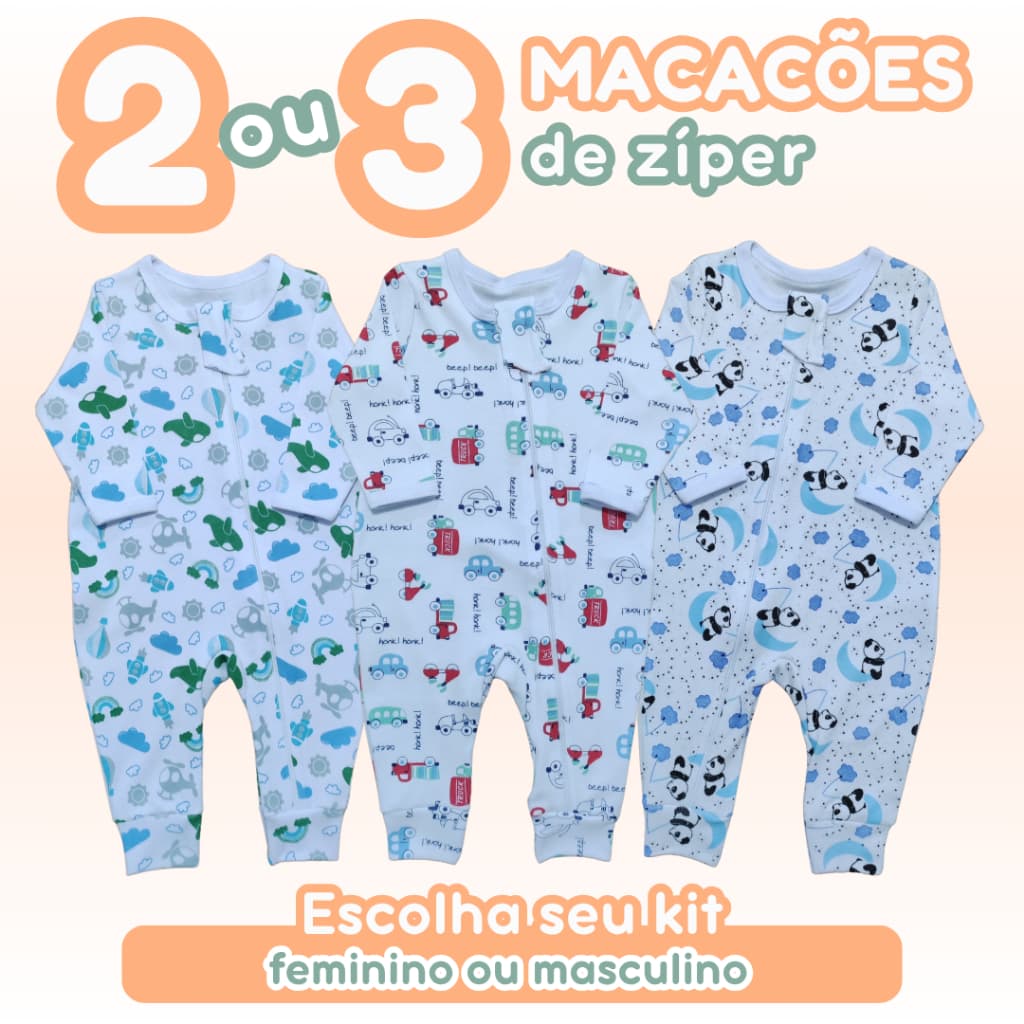 Kit 2 ou 3 Peças Macacão Bebê com Zíper 100% Algodão Estampas Fofas e Divertidas Feminino Masculino RNPMG Zuraffa Baby