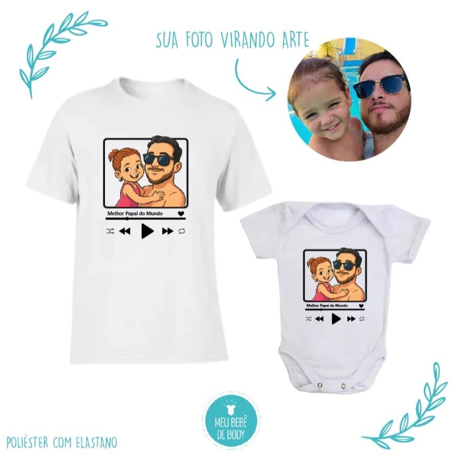 Kit Camisa Adulto + Body Bebê Personalizado com Foto | Foto em Desenho | Presente Dia dos Pais | Pai e Bebê
