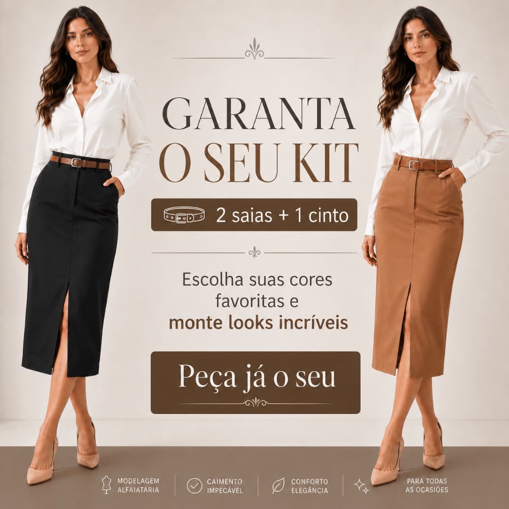 Kit 2 Saias Alfaiataria Midi Bolso Faca Lateral Com Cinto