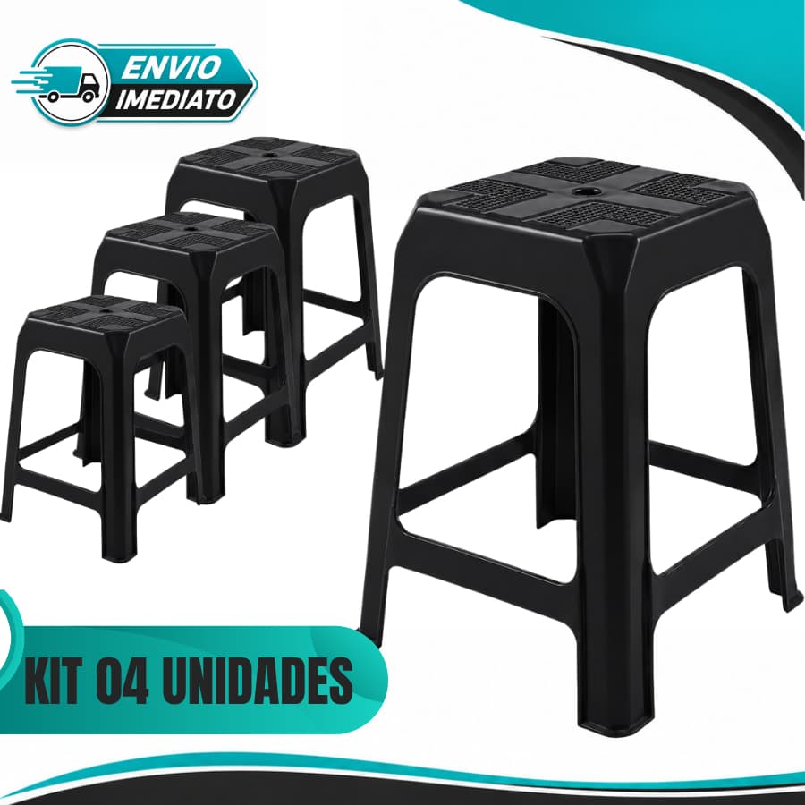 Kit 04 Banquetas de Plástico Preta suporta 120kg Resistente Reforçada