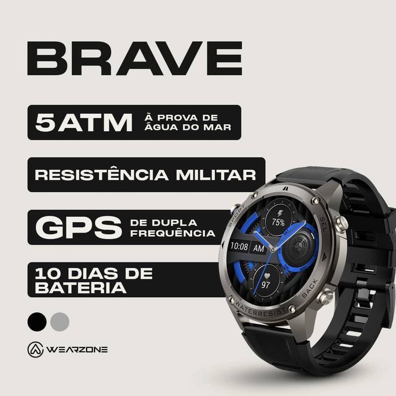 Smartwatch Wearzone Brave GPS, Tela AMOLED, 170 Esportes, 5ATM, IP69K e Ligações
