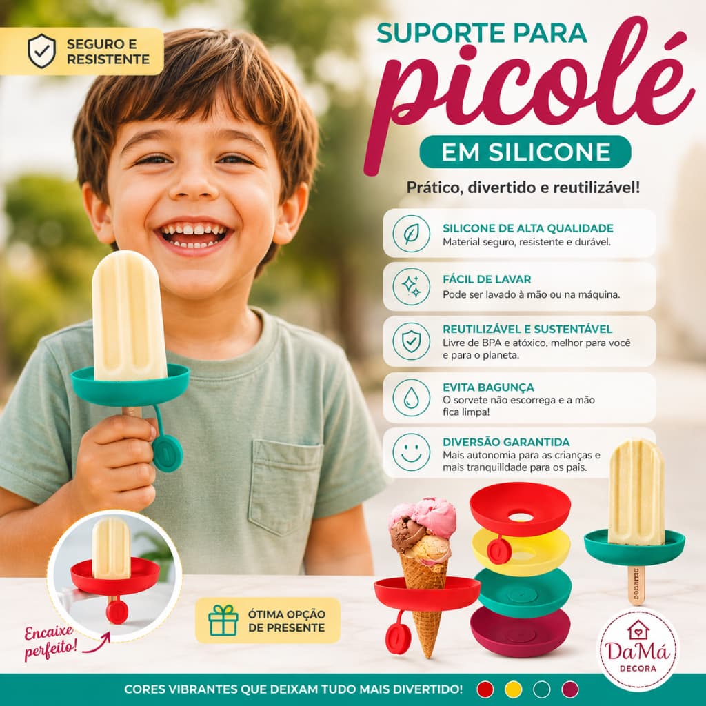 Suporte Para Picolé Sorvete Kit 1, 2, 4 Peça Silicone Antigotejamento Criança Casquinha Reutilizável