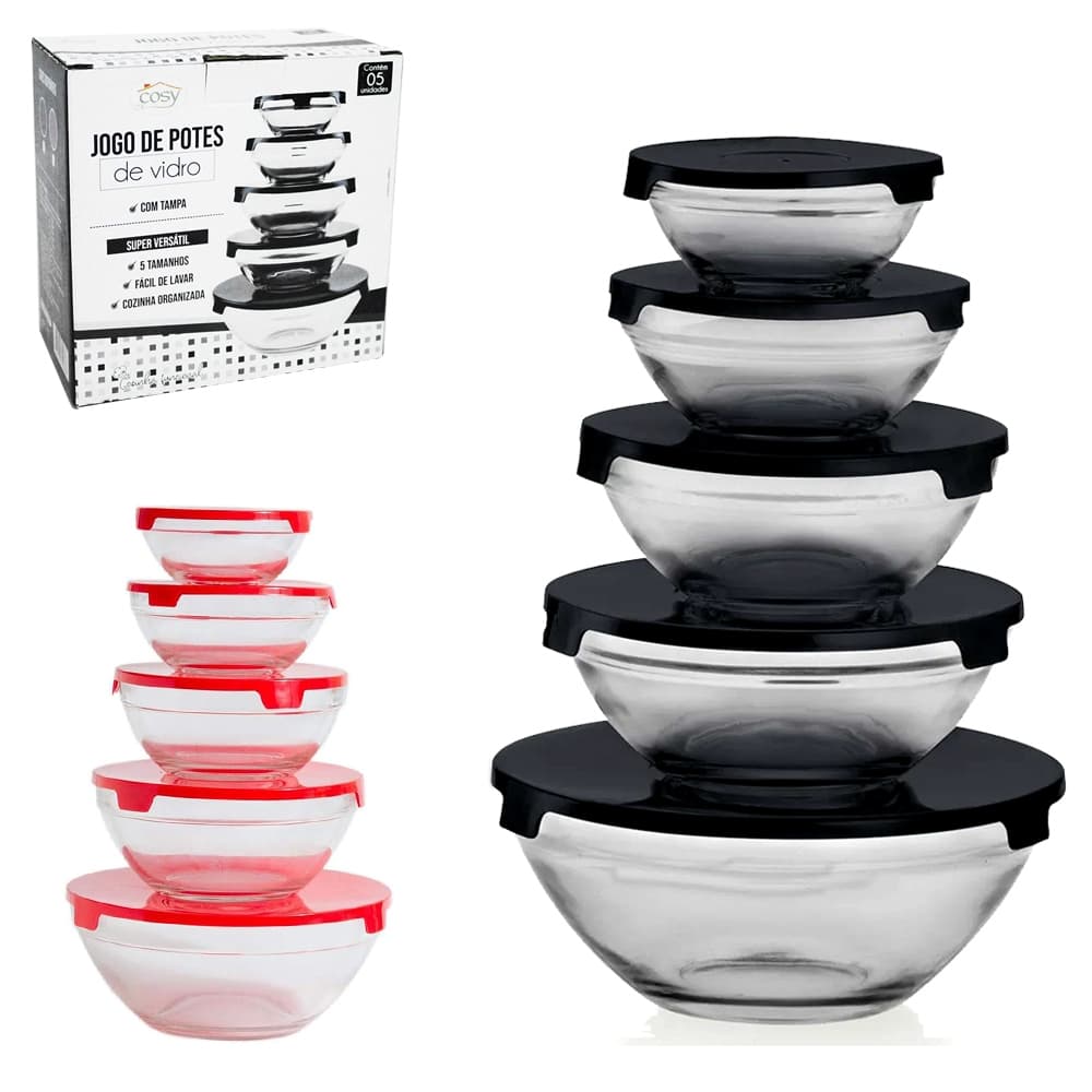 CONJUNTO DE POTE DE VIDRO REDONDO COM TAMPA DE PLASTICO 5 PECAS 830 / 400 / 300 / 150 / 100ML