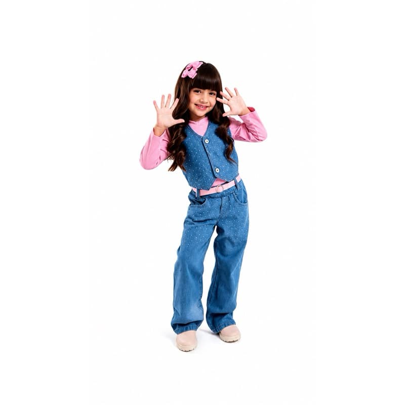 Conjunto Jeans calca wide legue blusa manga longa e colete e cinto Boiadeira 4 peças lançamento 2026