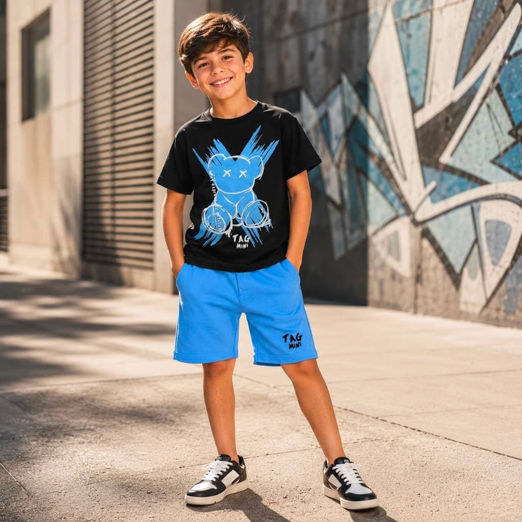 Conjunto Infantil Masculino Camiseta 100% Algodão e Bermuda Moletinho Tag Mini