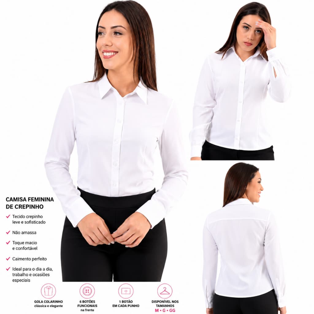 Camisa Social Manga Longa Feminina Crepinho  promocao entrega rapido