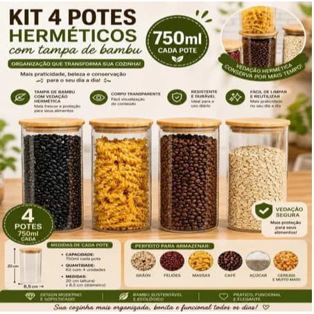 Pote de Vidro com Tampa de Bambu 750ml Kit 4 unidades