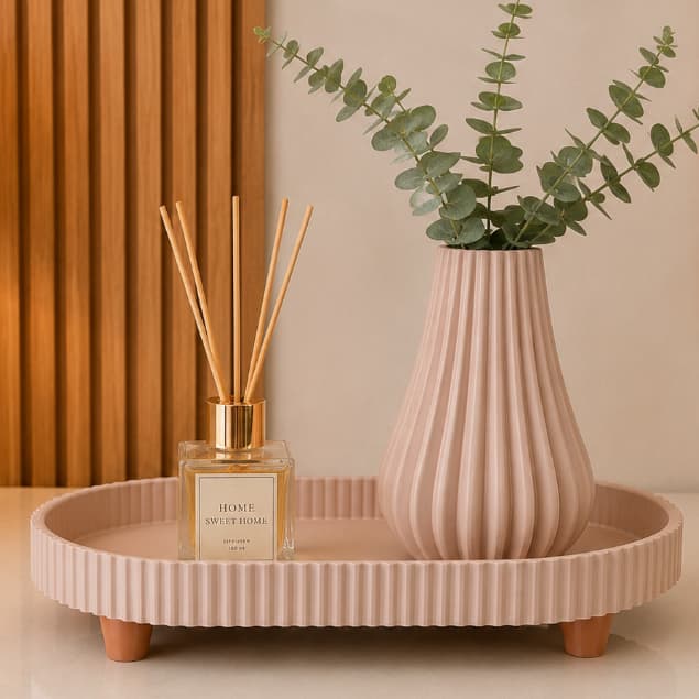 Kit Bandeja Decorativa com Vaso Minimalista 3D para Banheiro Lavabo Organizador Porta Perfume Decoração