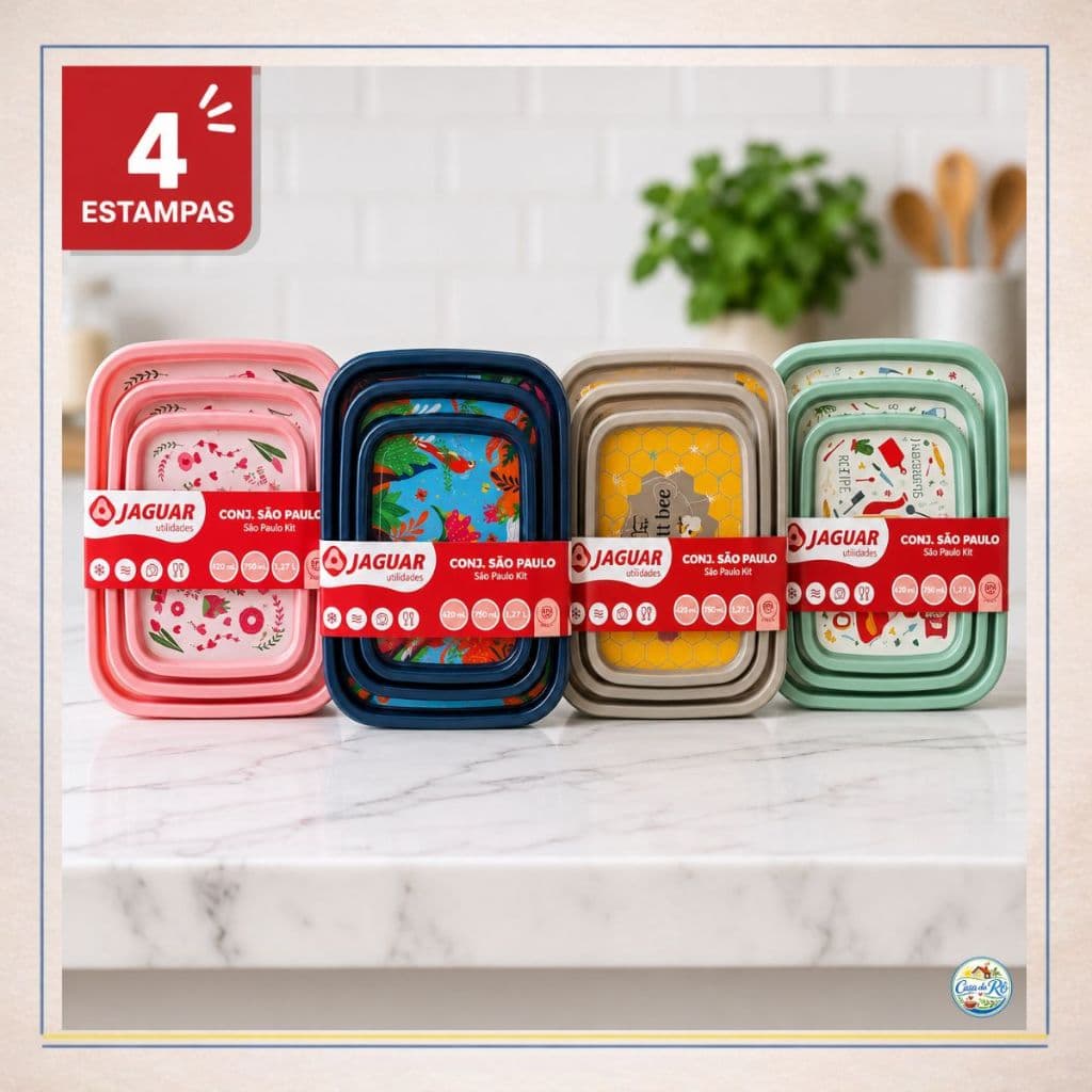 Kit 3/6 Potes Plástico Hermético Tampa Vedação em 3 Tamanhos Organizador Cozinha Marmita Alimento