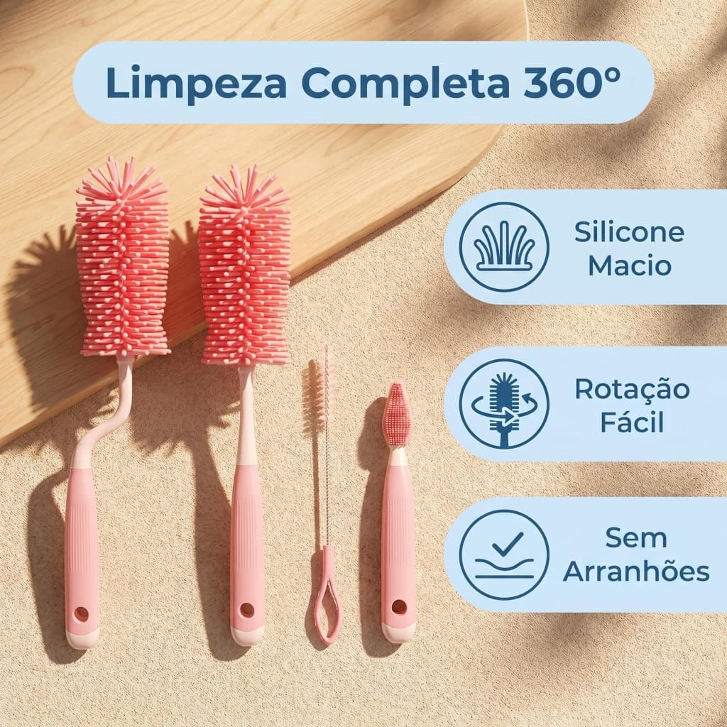 Escova Silicone Rotativa 360° Higienização Completa de Mamadeiras