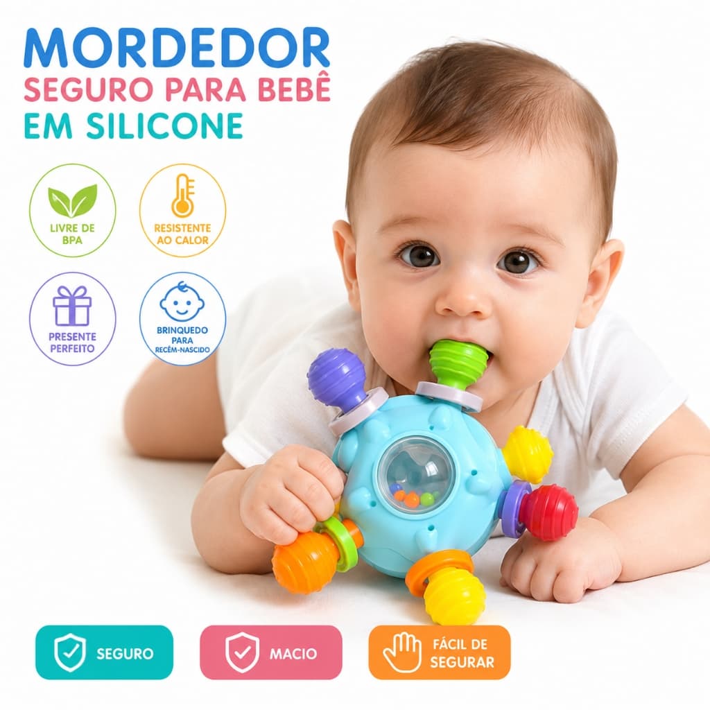 Mordedor Chocalho para Bebê Bola Sensorial em Silicone Massageador para Dentição BPA Free