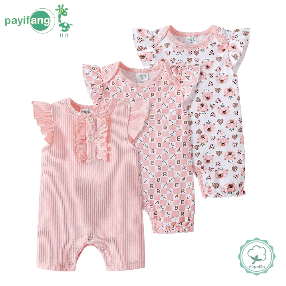 Kit 3 Macacão Bebê Menina Sem Mangas 100% Algodão Babados Rosa Verão Roupa Diária TM-3197