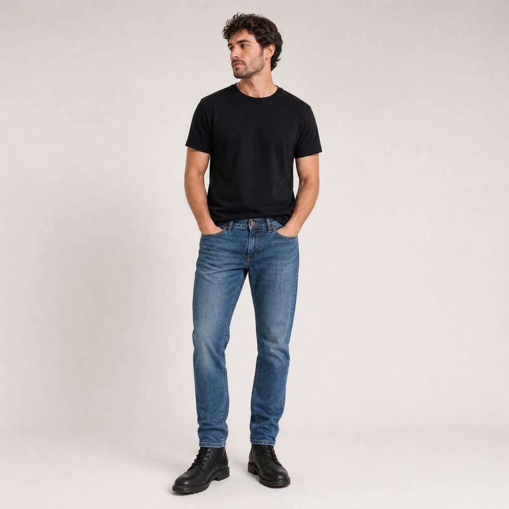 Calça Jeans Reta Lavagem Azul Clássica Moderna Despojado Cintura Média Casual Confortável 4 Bolsos