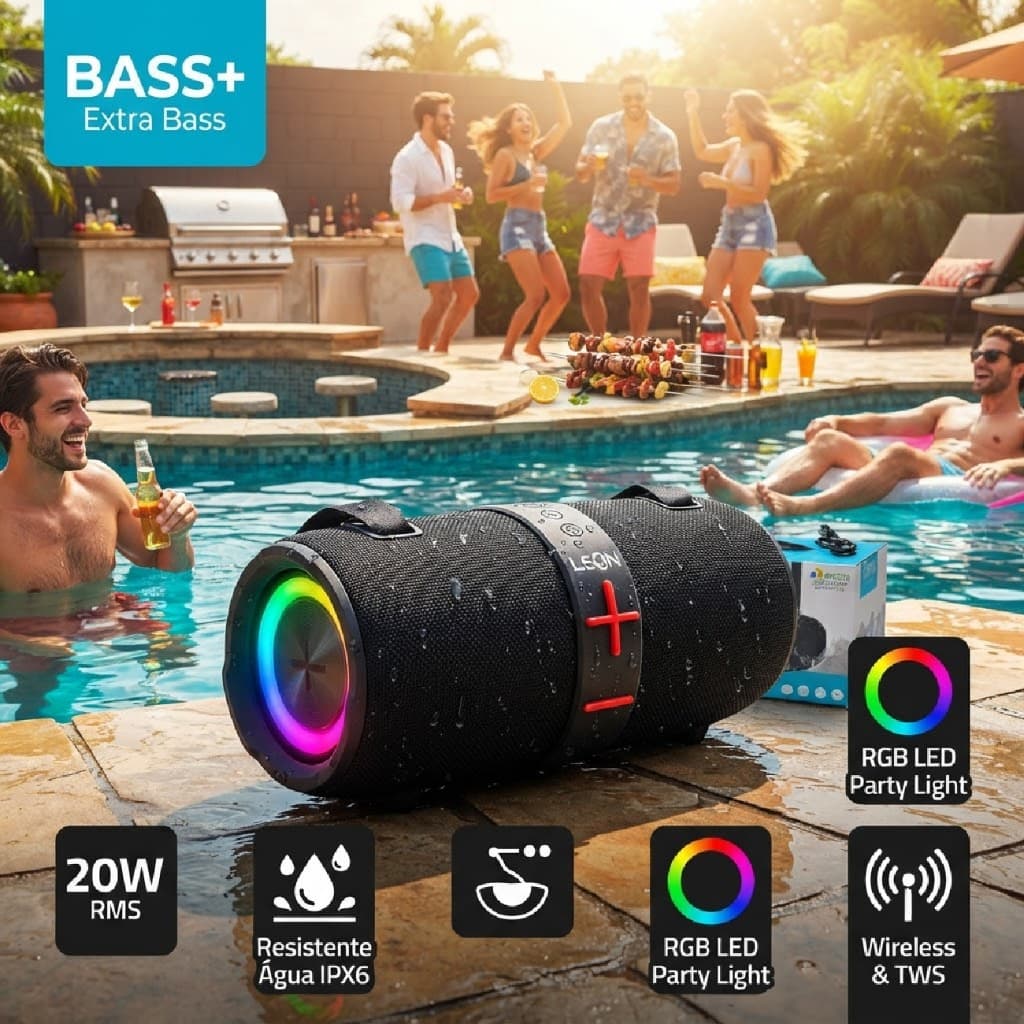 Caixa Som Bluetooth 20W Led Rgb Grave Bass+ Resistente Água Chamadas Sistema Tws Leon Prime YXP12