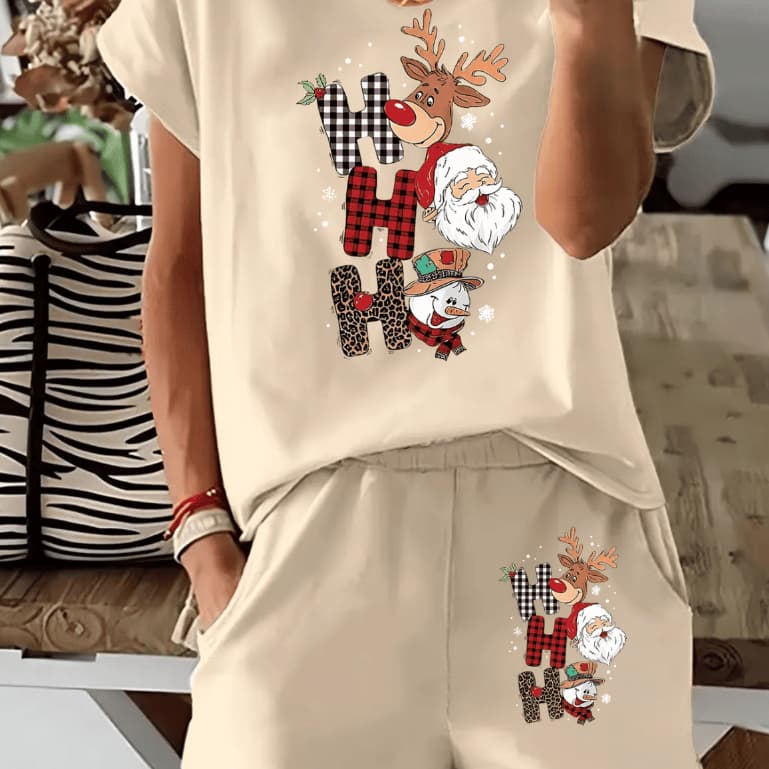 Kit Conjuntinho Feminino Verão Camiseta e Shortinho Moletinho Estiloso Natal Papai Noel Blusinha Manga Curta e bermudinh