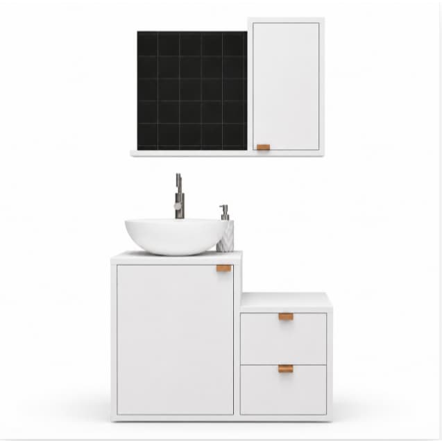 Conjunto de Armário e Gabinete para Banheiro 62 cm COM CUBA e ESPELHO Kit Completo Preto e Branco